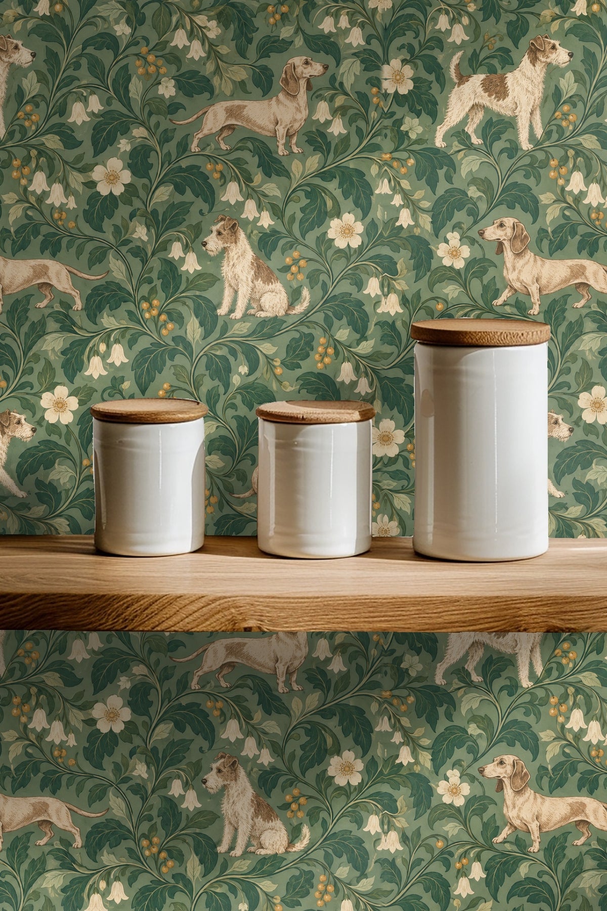 Bedroom corner with lamp, wooden furniture and wallpaper depicting English terriers in floral garden setting
