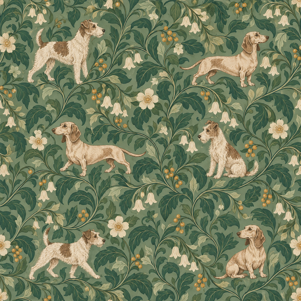 Detail of botanical wallpaper with trailing vines, blossoms, berries and dogs in a painterly style on sage green background