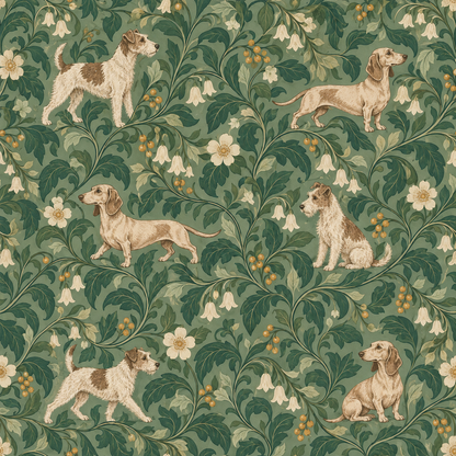 Detail of botanical wallpaper with trailing vines, blossoms, berries and dogs in a painterly style on sage green background