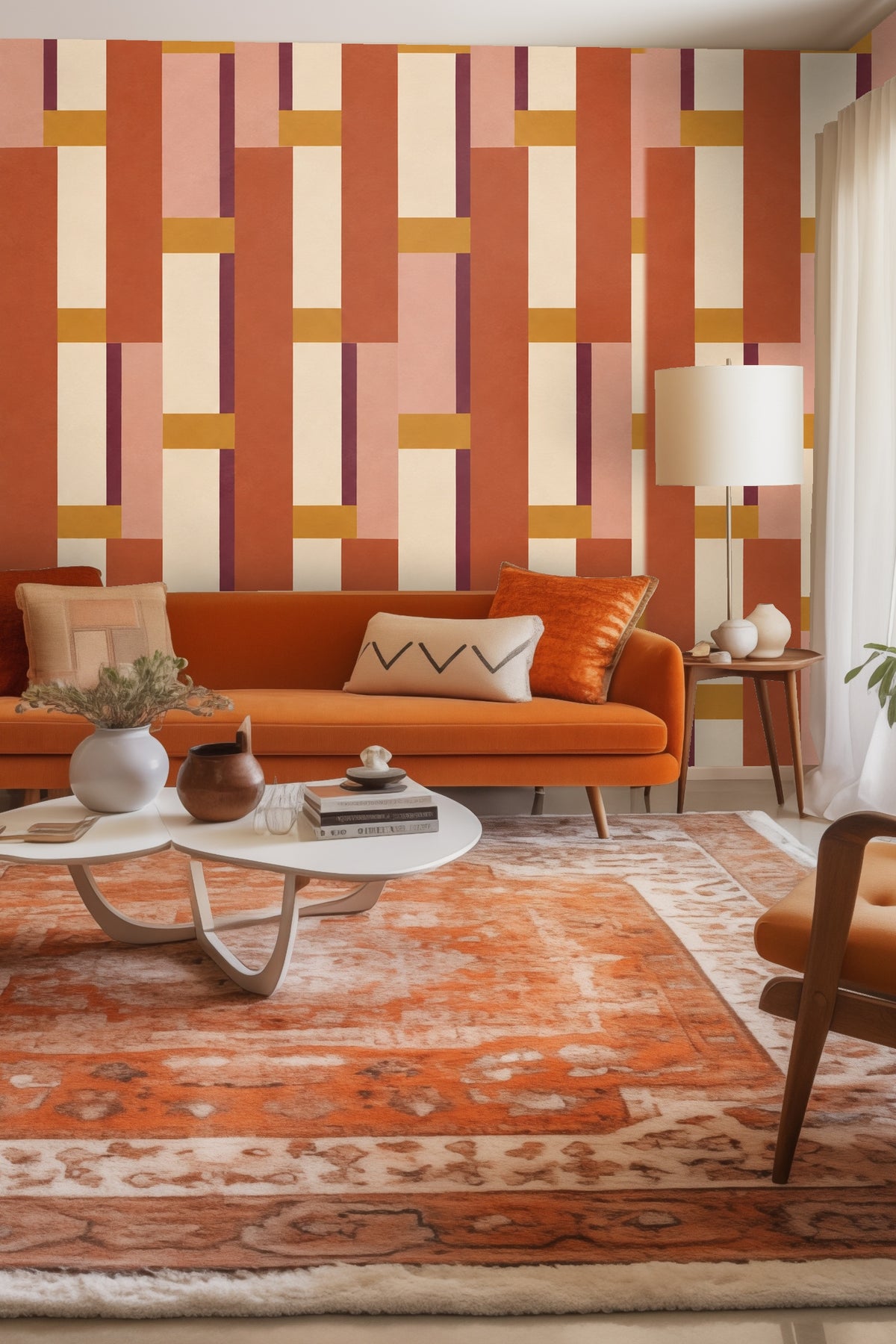 Wallpaper detail showing a graphic vertical grid in terracotta, rose, cream, ochre, and plum tones