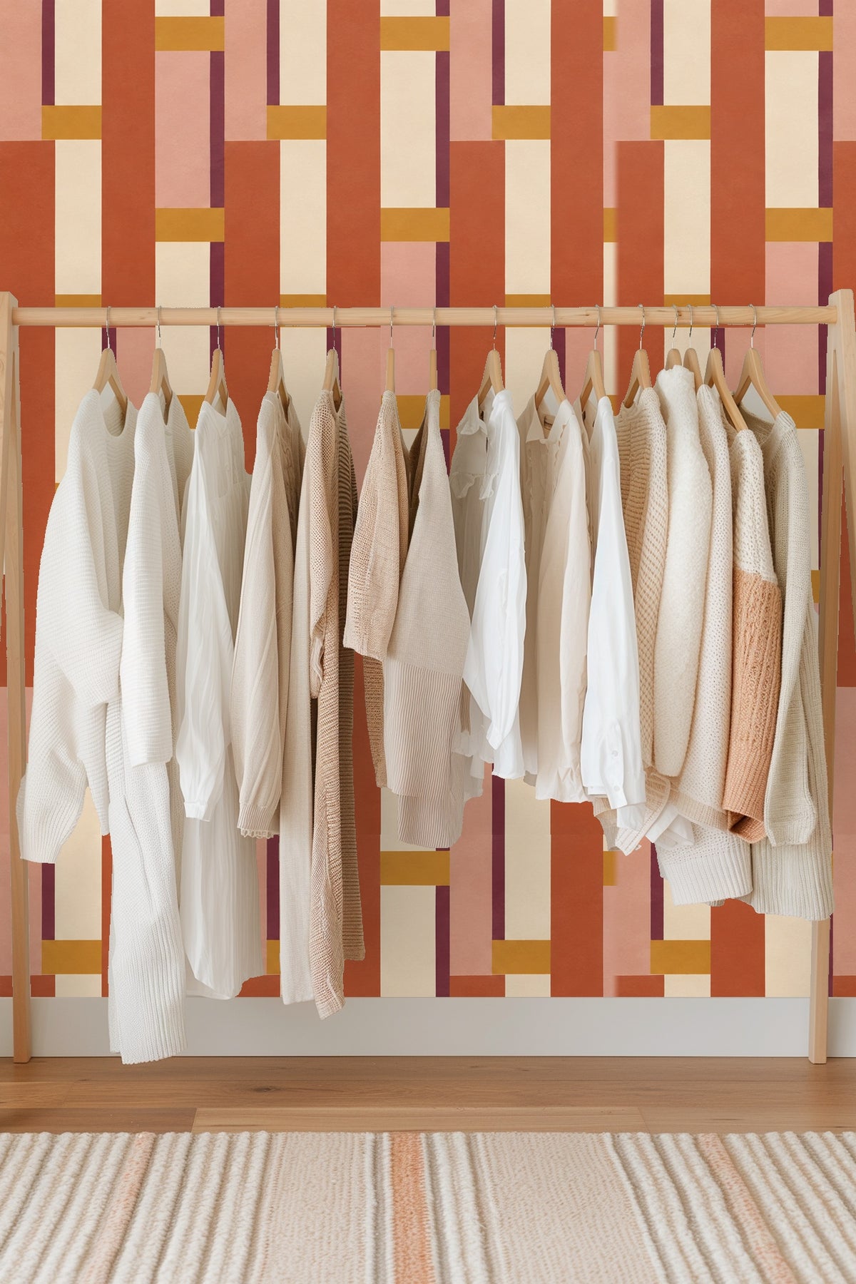 Layered vertical stripes forming an interlocking geometric design in warm hues