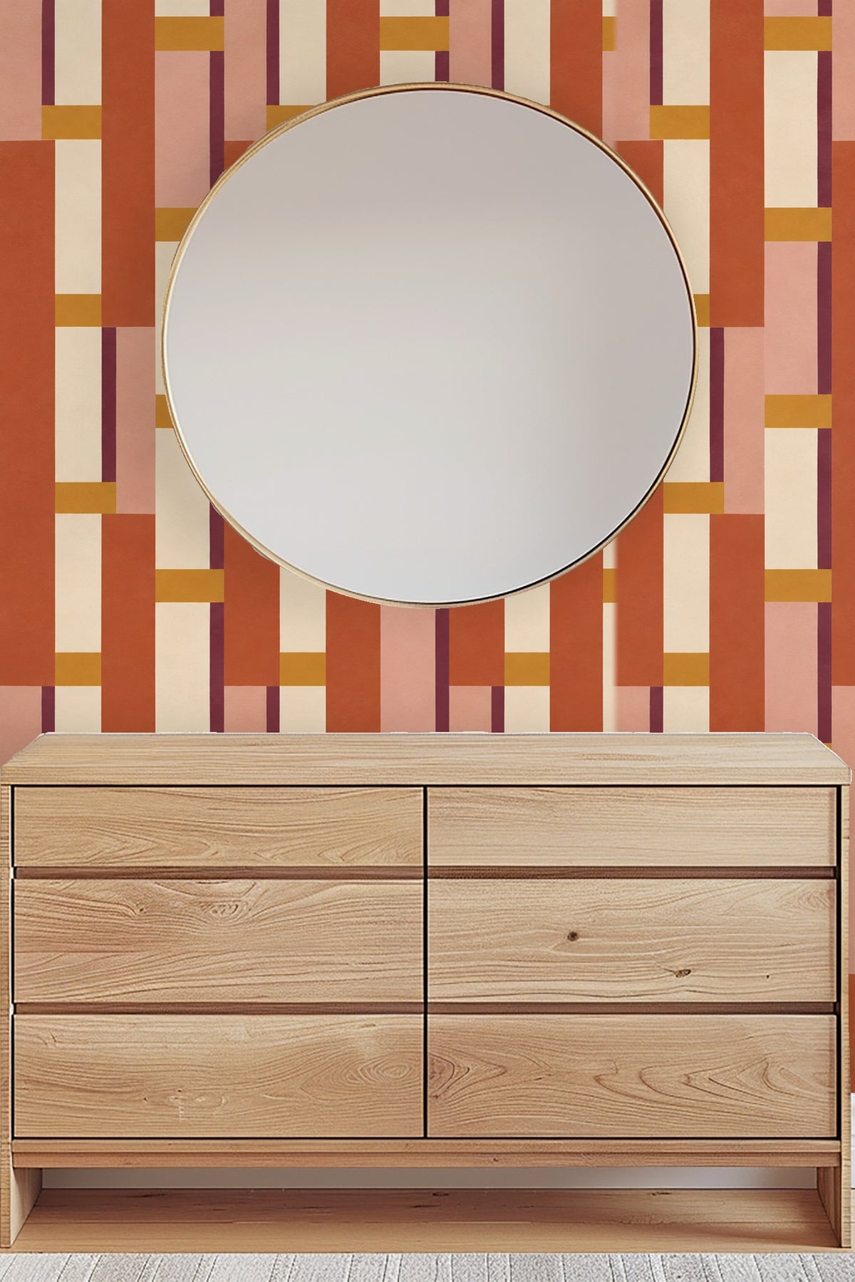 Neutral-toned room with bold block wallpaper creating a graphic backdrop