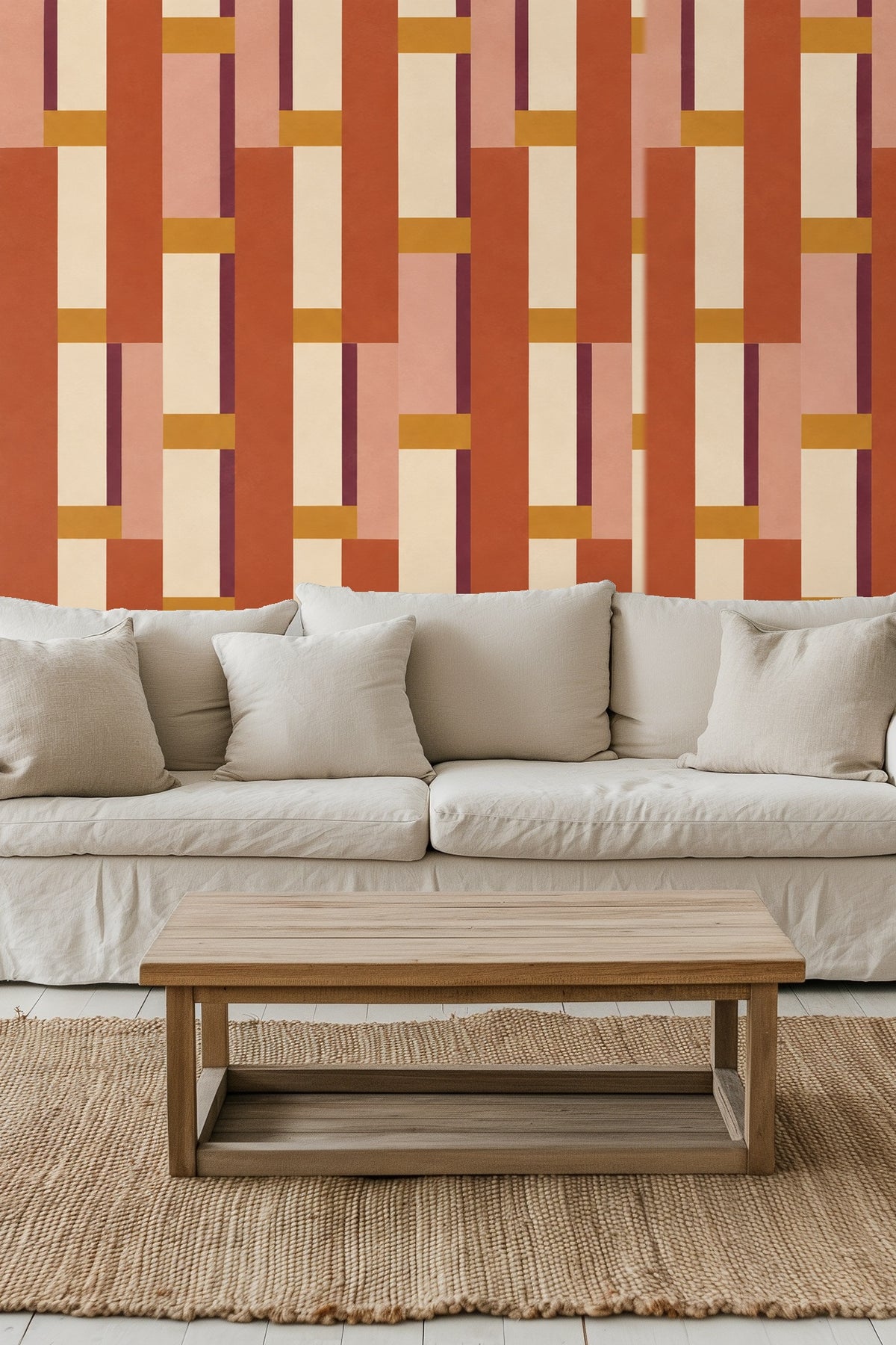 Segmented rectangular pattern in terracotta and rose shades with accent bars of ochre