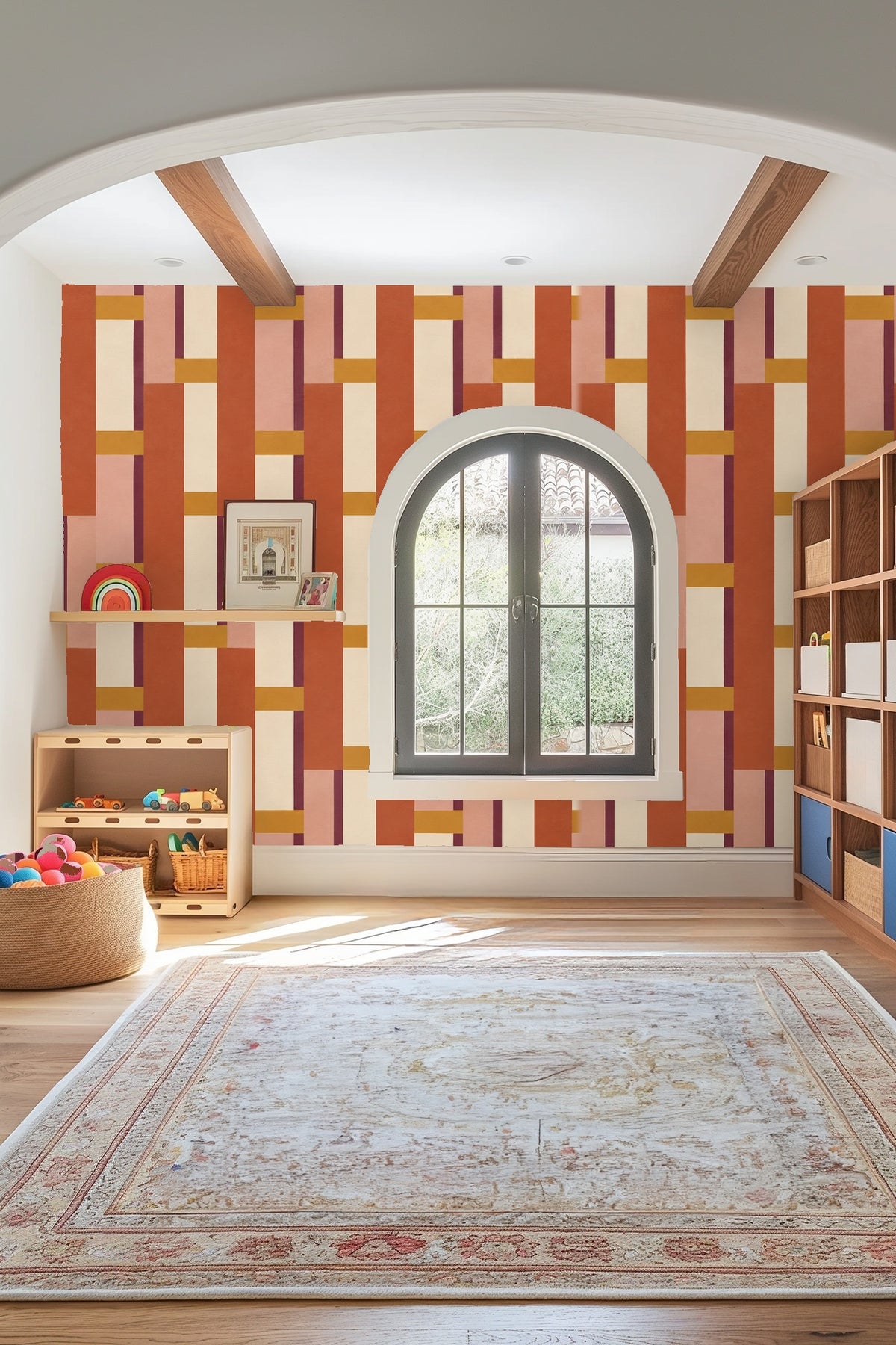 Wall mural showcasing graphic rectangular blocks in terracotta and rose with cream accents