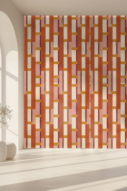 Moody mid-century inspired wallpaper with ochre and plum vertical block elements