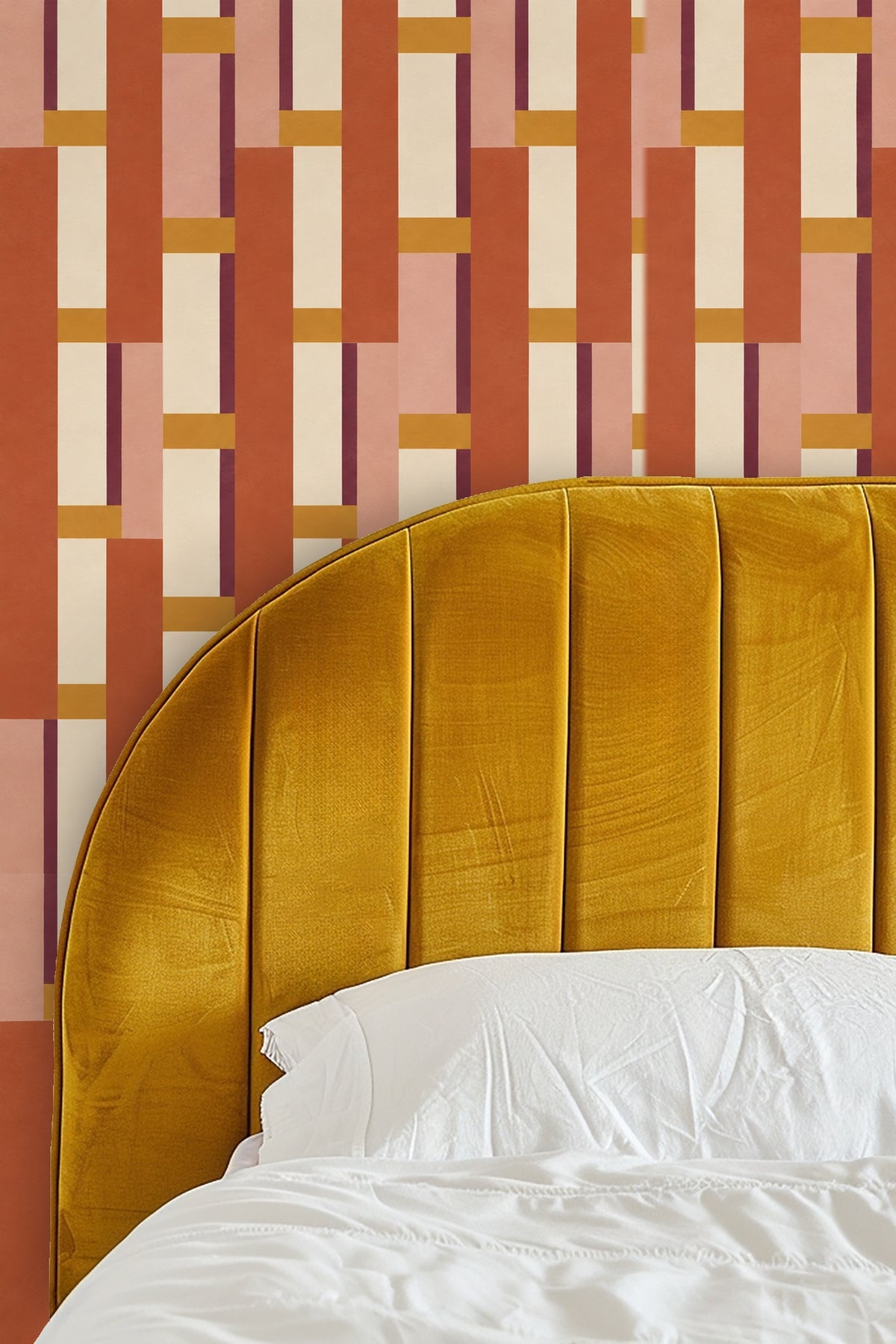 Abstract block pattern of terracotta and soft pink rectangles with ochre bars