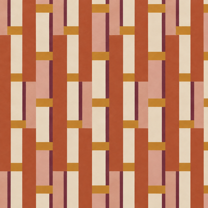 Interior wall showing vertical ribbon and block geometric wallpaper in terracotta palette