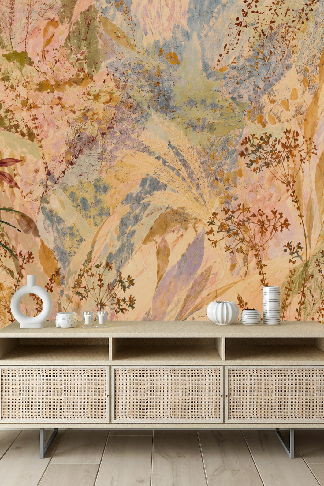 Large-scale botanical wallcovering detail with intertwined grasses and seed clusters