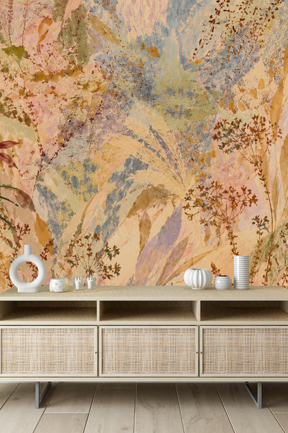Large-scale botanical wallcovering detail with intertwined grasses and seed clusters
