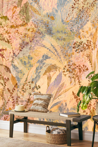 Wallpaper view in a living room setting with a white bouclé chair and table featuring natural decor