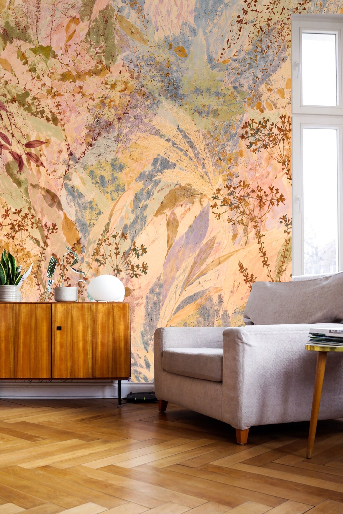 Muted wildflower motif on wallpaper forming a calm naturalistic backdrop