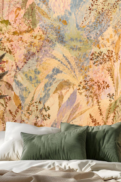 Soft washes of pastel colors with botanical silhouettes on wallpaper