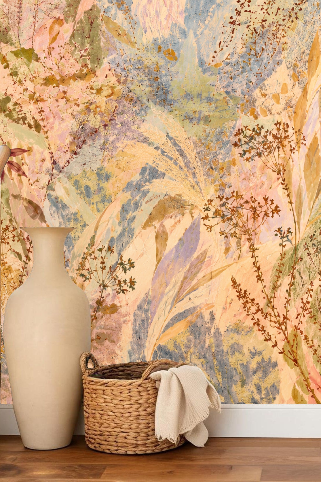 Organic leaf and flower composition in dusty pinks and ochres on wallpaper