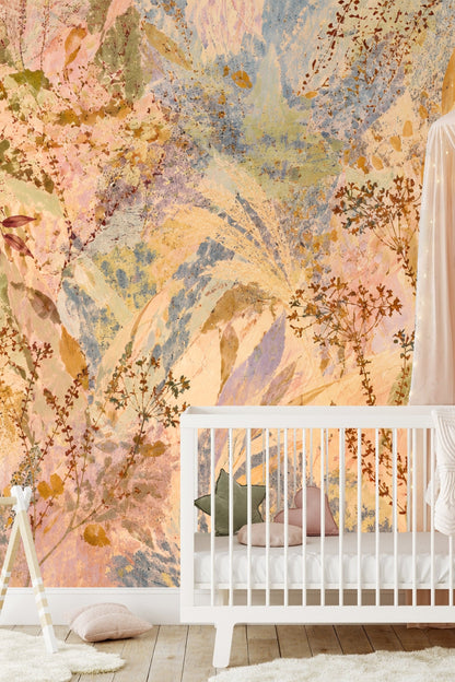 Close-up of textured leaf shapes and fine stems on Dusky Meadow Wallpaper