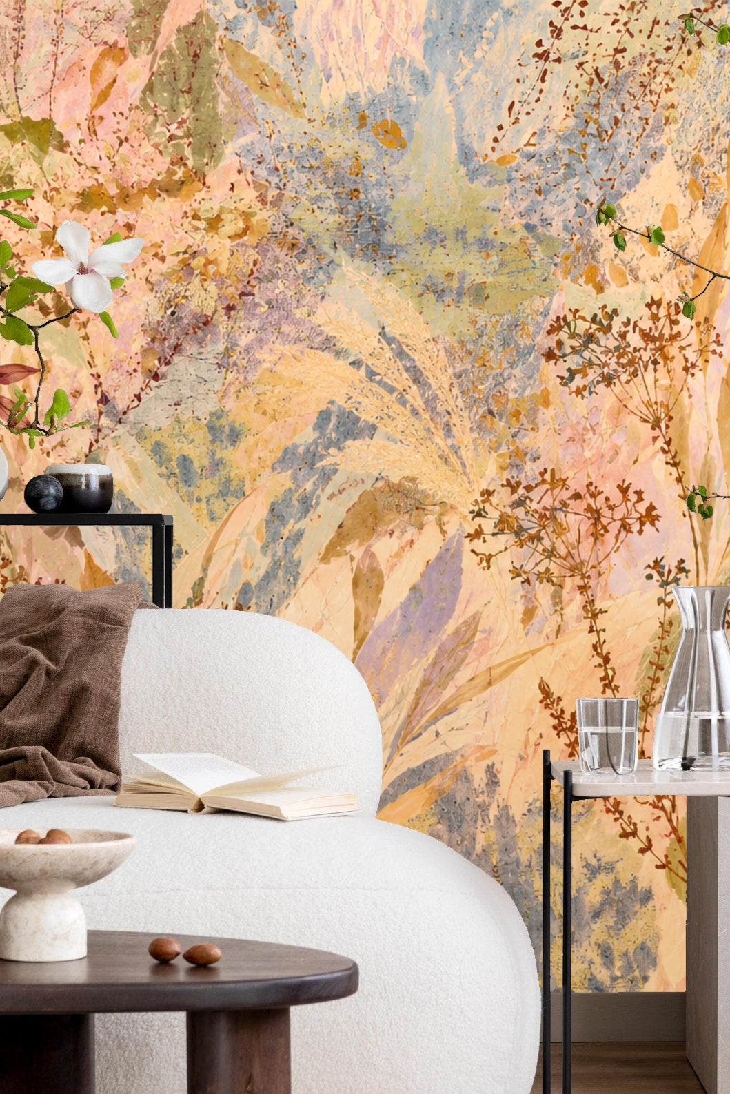 Dusky Meadow Wallpaper installed behind a gray upholstered bed with pendant lights showcasing pastel botanical pattern