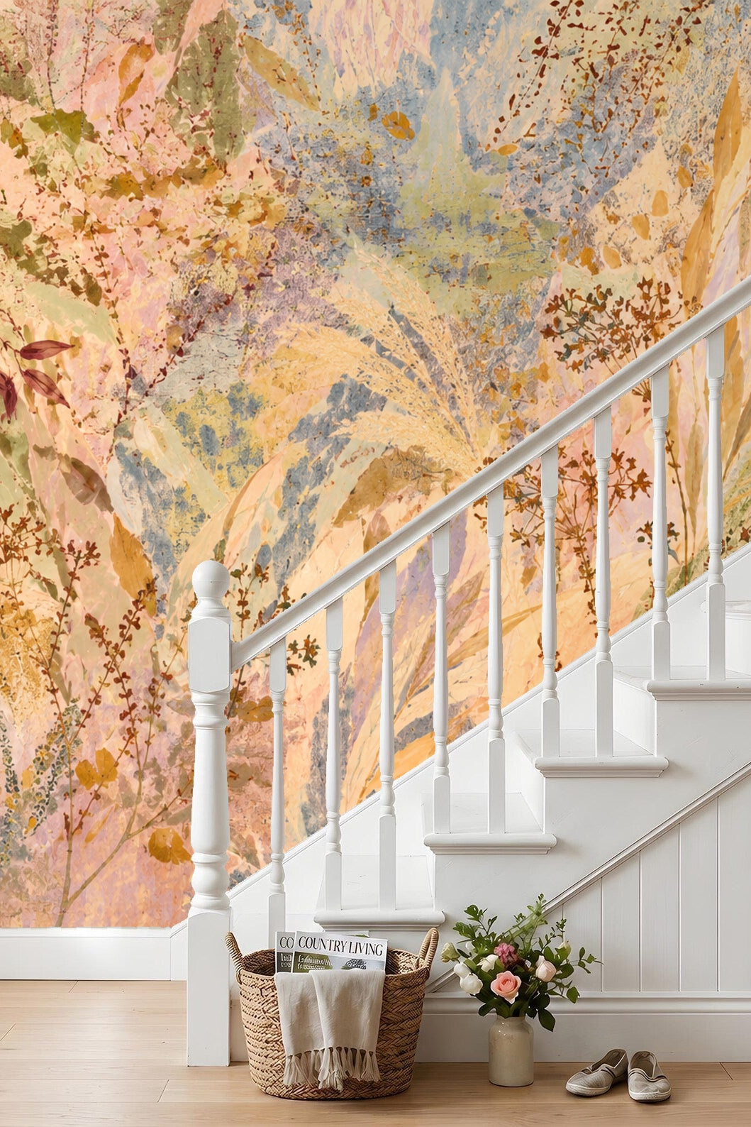 Painterly botanical pattern with textured effects and subtle color blending