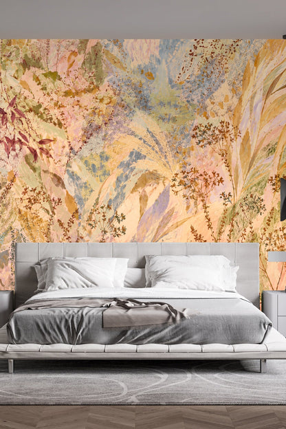 Detailed close-up of Dusky Meadow Wallpaper artwork showing layered wild grasses and seed heads in muted pinks, greens, blues, and ochres