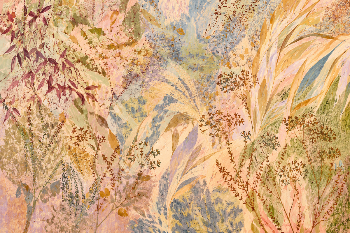 Naturalistic wallpaper pattern blending softness and fine botanical detail