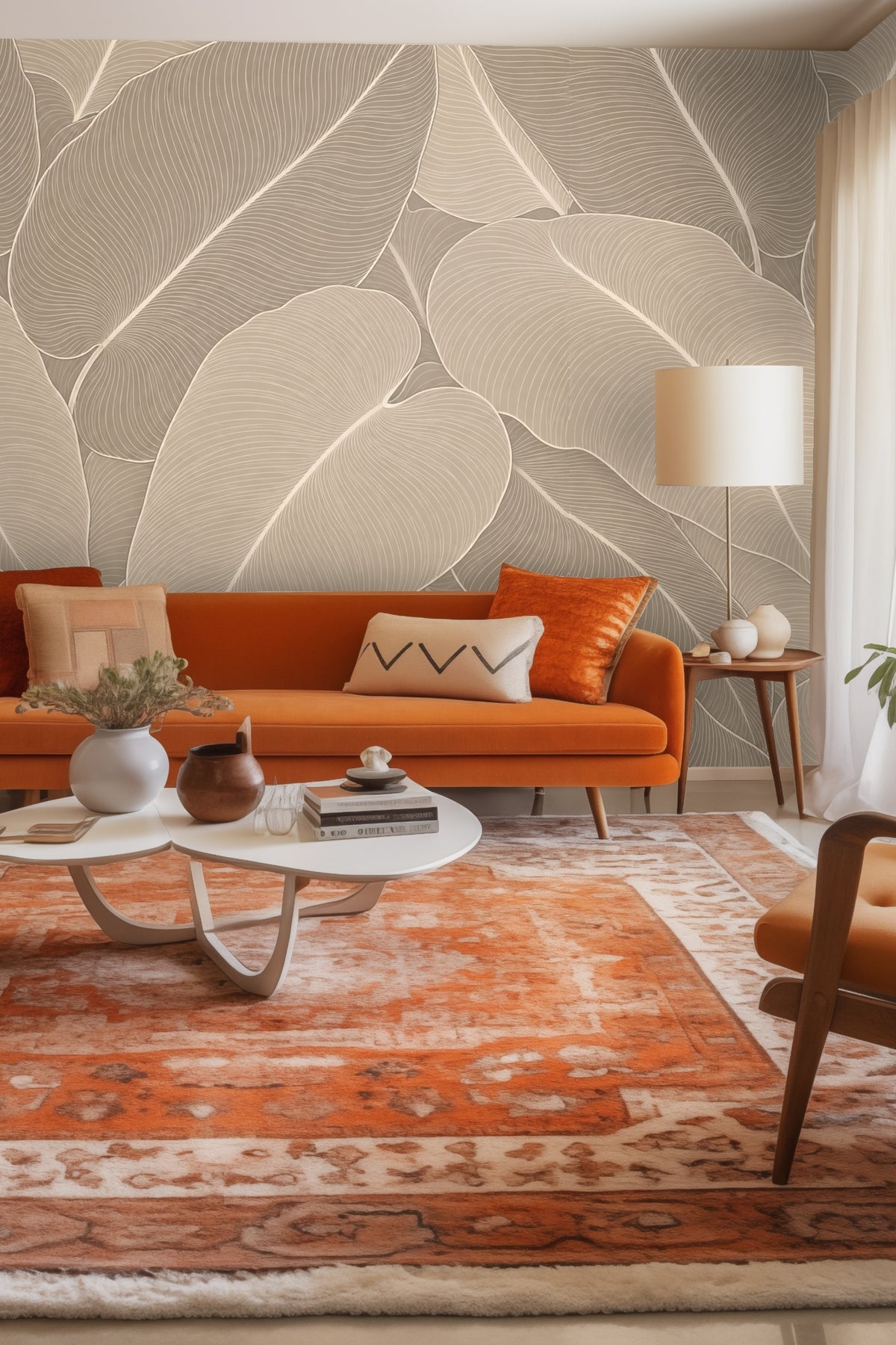 Muted taupe palm leaf wallpaper behind cabinet with minimal art and a ceramic lamp