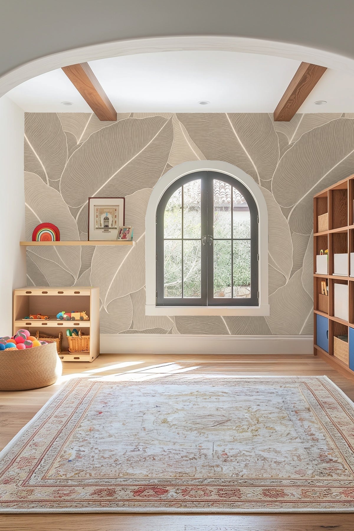 Wallpaper application showing overlapping botanical leaves in tonal taupe shades with fine line work on walls