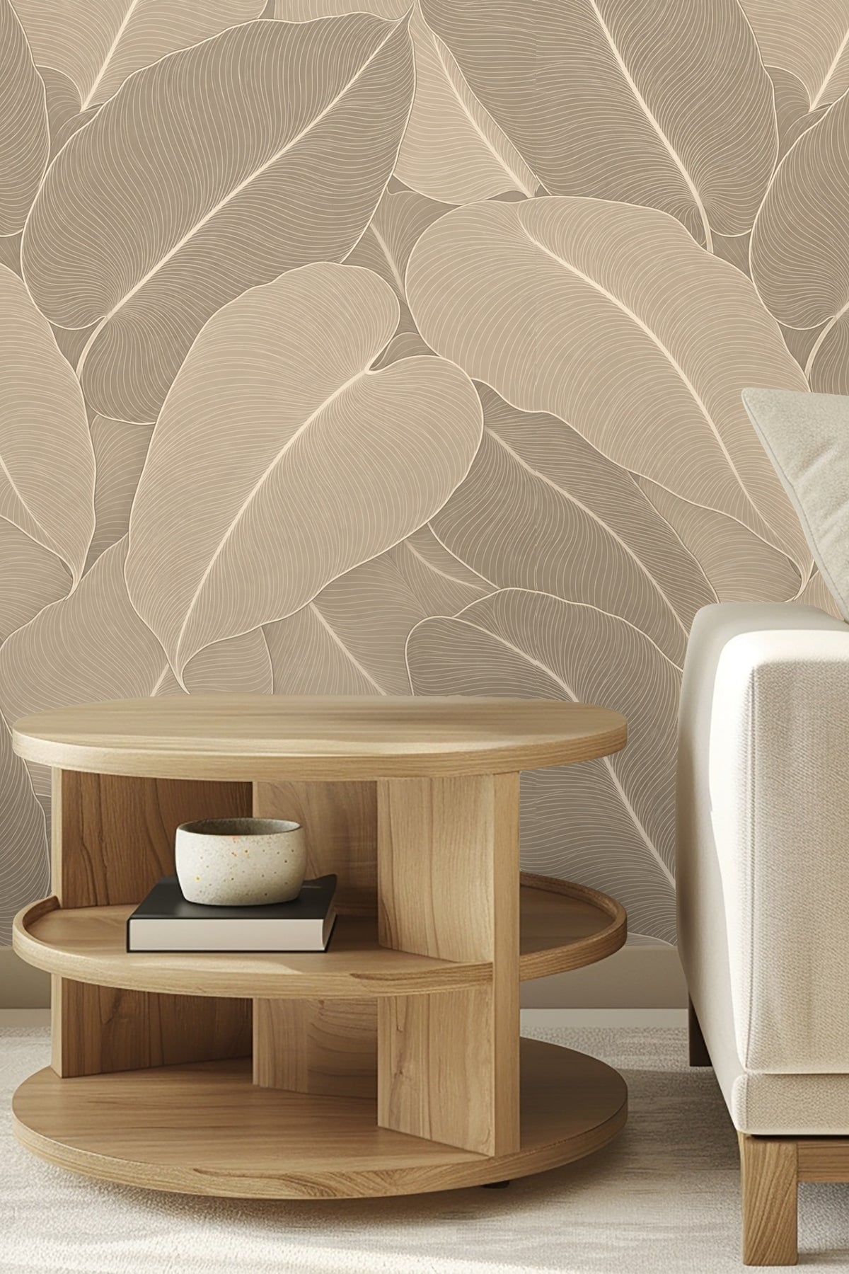 Wallpaper pattern detail showing layered palm leaves in soft taupe and beige hues with linear accents