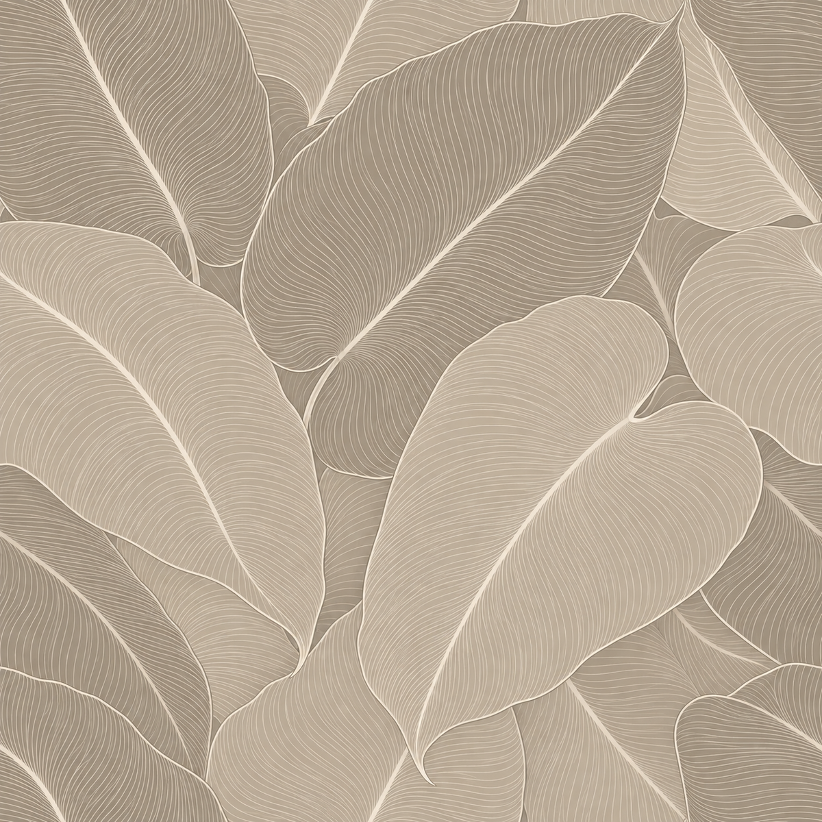 Overall pattern repeat showing overlapping large tropical leaves in neutral taupe coloring