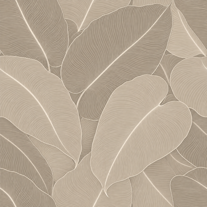 Overall pattern repeat showing overlapping large tropical leaves in neutral taupe coloring