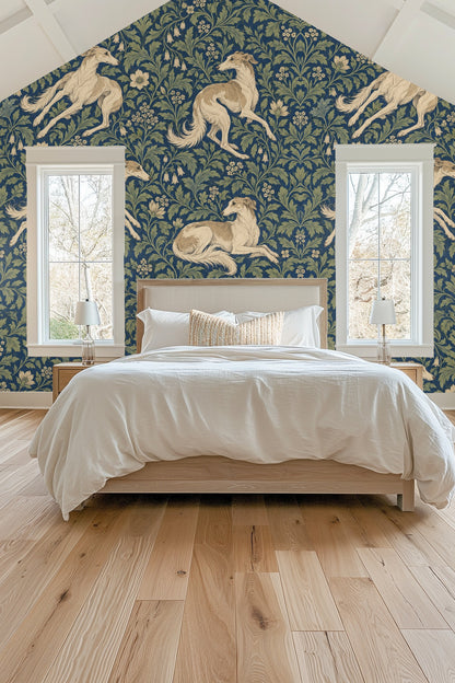 Close-up of a single running hound with floral background in soft tan and blue tones