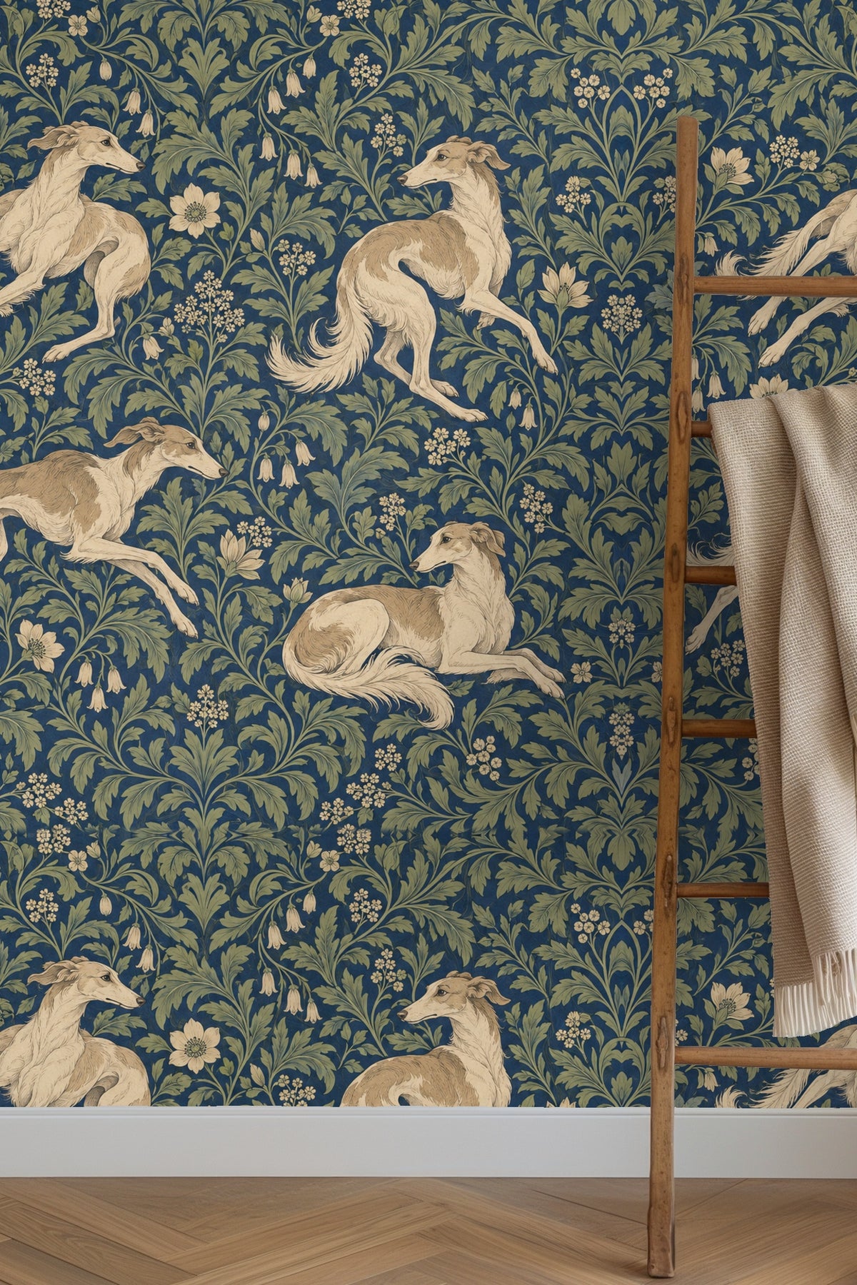 Overall scaled pattern with balanced hounds and flowers