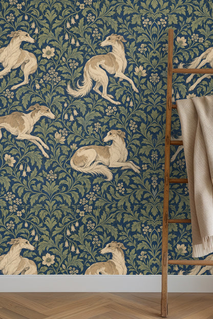 Overall scaled pattern with balanced hounds and flowers