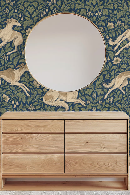 Running hound mid-motion with textured floral leaves