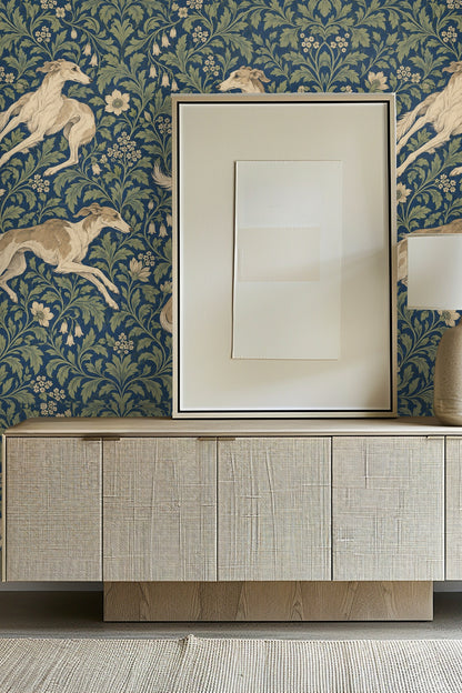 Detailed close-up of wallpaper featuring tan hounds amid green foliage on a deep blue background