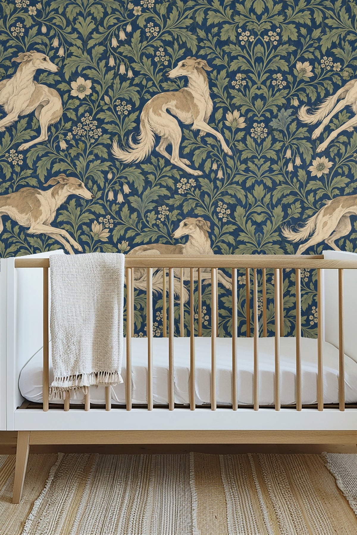 Cluster of cream flowers and green leaves on blue wallpaper