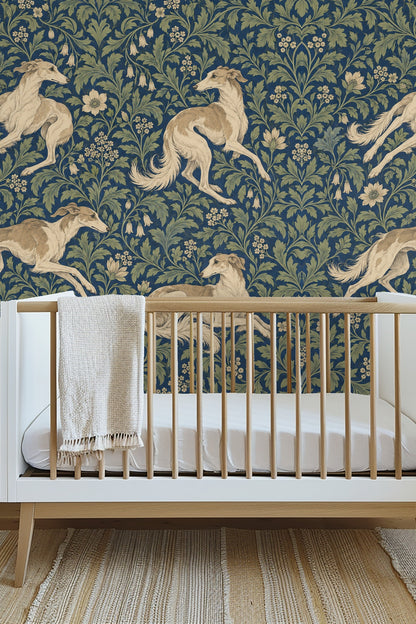 Cluster of cream flowers and green leaves on blue wallpaper