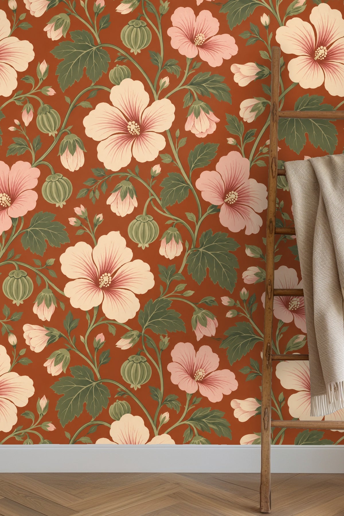 Additional view of wallpaper showing intertwined hibiscus vine motif with flower buds and large leaves