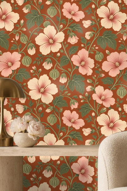 Horizontal wallpaper repeat showing rhythmic pattern of flower clusters and foliage