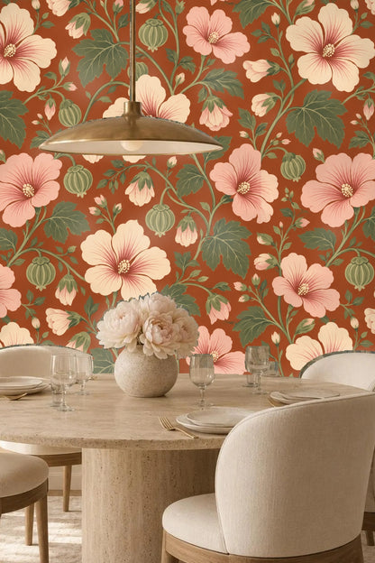 Section of wallpaper showing nodding hibiscus flowers in hand-painted style