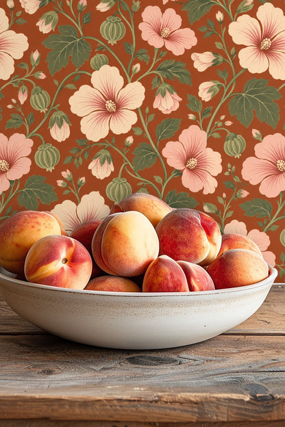 Wallpaper in kitchen-like setting featuring vintage floral pattern in warm clay tones