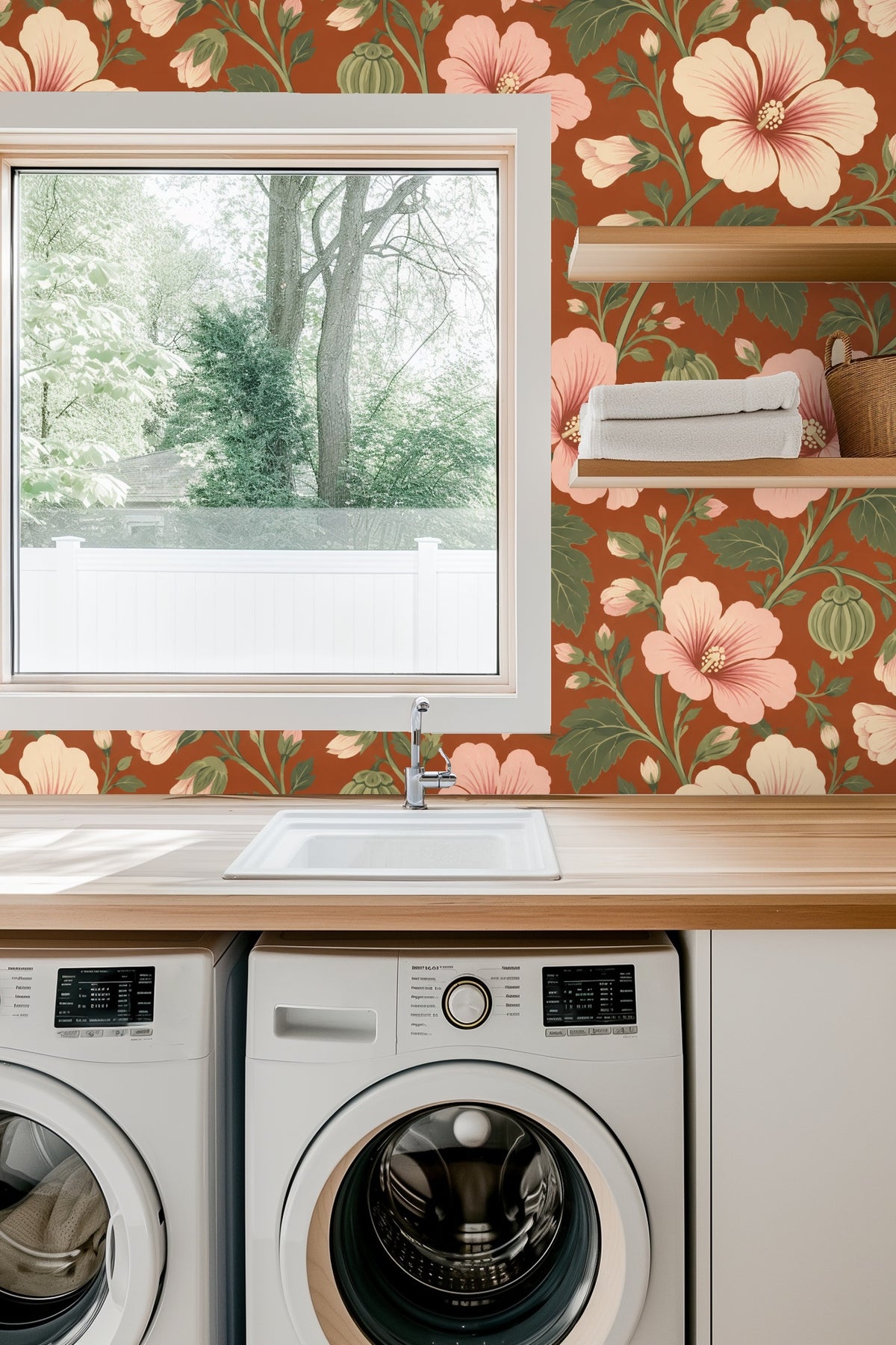 Wallpaper pattern close-up with large hibiscus flowers in blush and ivory on russet background