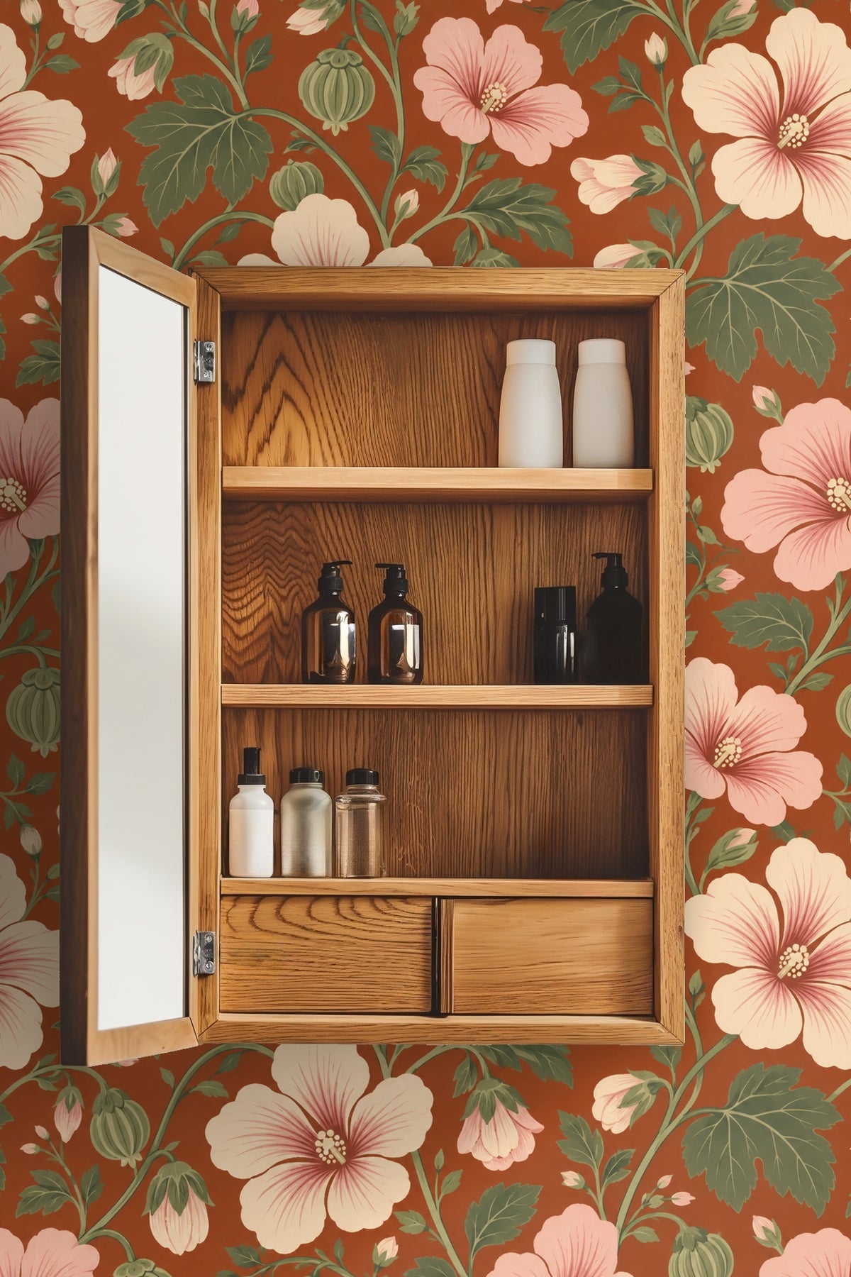 Laundry room with wallpaper backdrop of large vintage blush hibiscus flowers and green leaves on terracotta