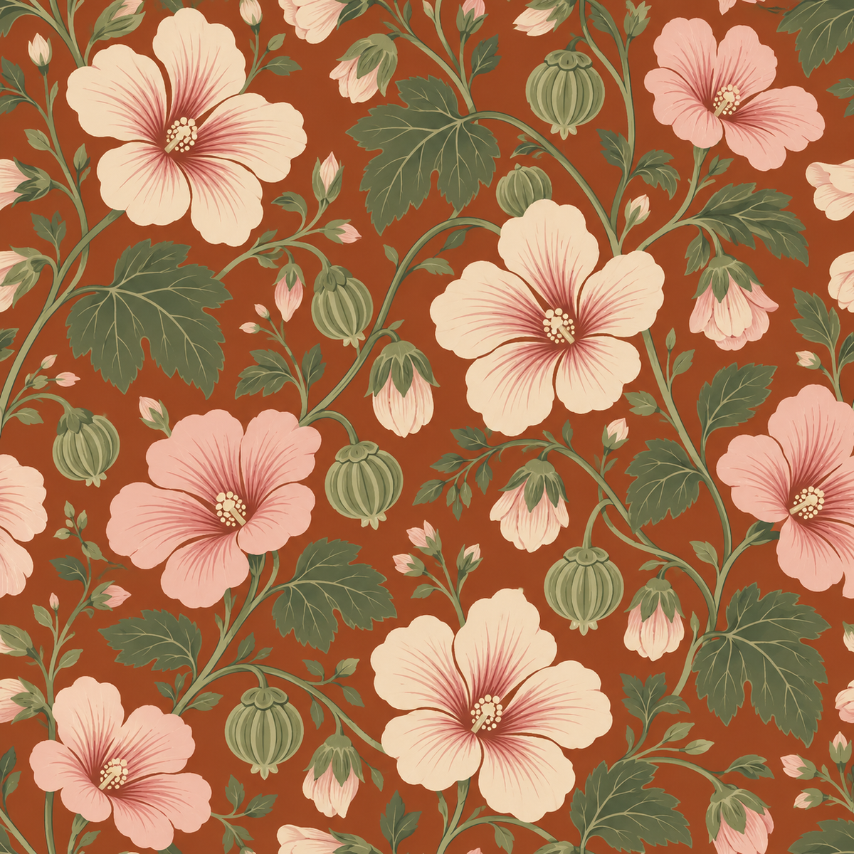 Photographic angle displaying scale of hibiscus blooms and leaf motifs on wallpaper