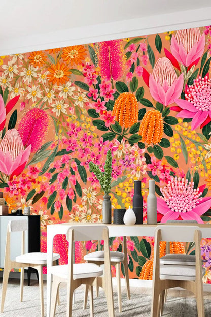 Orange and pink protea blooms with detailed petals in wallpaper art