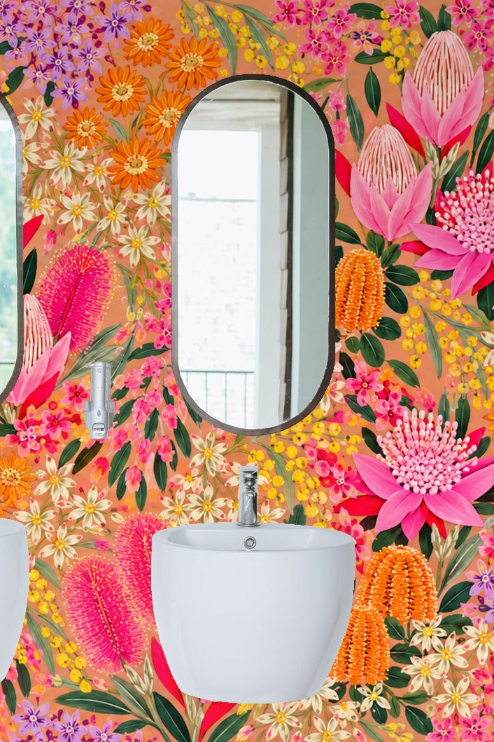 Delicate yellow and white wildflowers scattered in colorful floral wallpaper