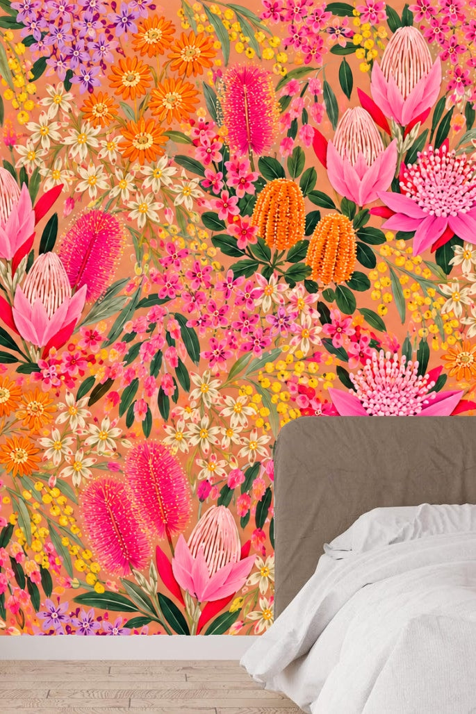 Close-up of waratah flower cluster in tropical wallpaper design