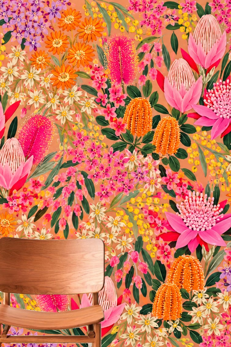Contrast between vivid floral wallpaper and minimalist modern furnishings