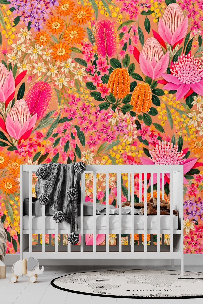 Wide view of wallpaper showing complex layering of native flowers