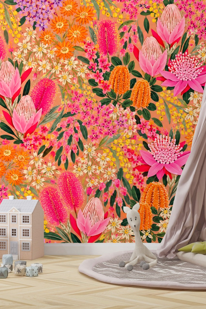 Pink and purple small flowers amidst lush green leaves in wallpaper