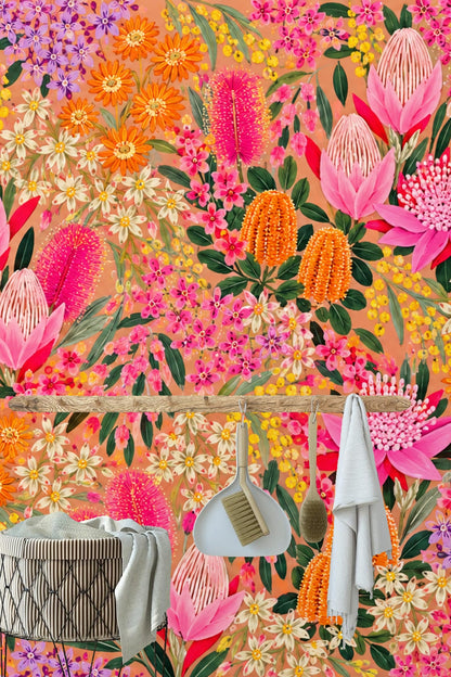 Vibrant mix of floral species creating dense coverage in wallpaper mural