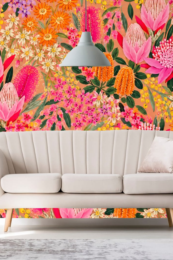 Kitchen interior with tropical bloom cascade wallpaper behind white island and grey countertop