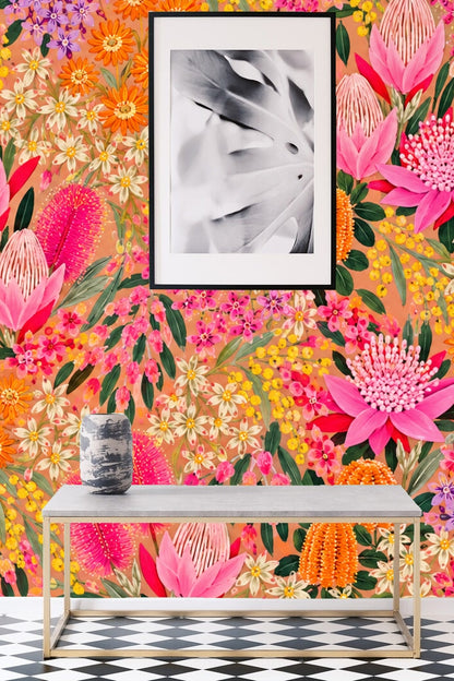 Bright orange bottlebrush flowers in wallpaper pattern